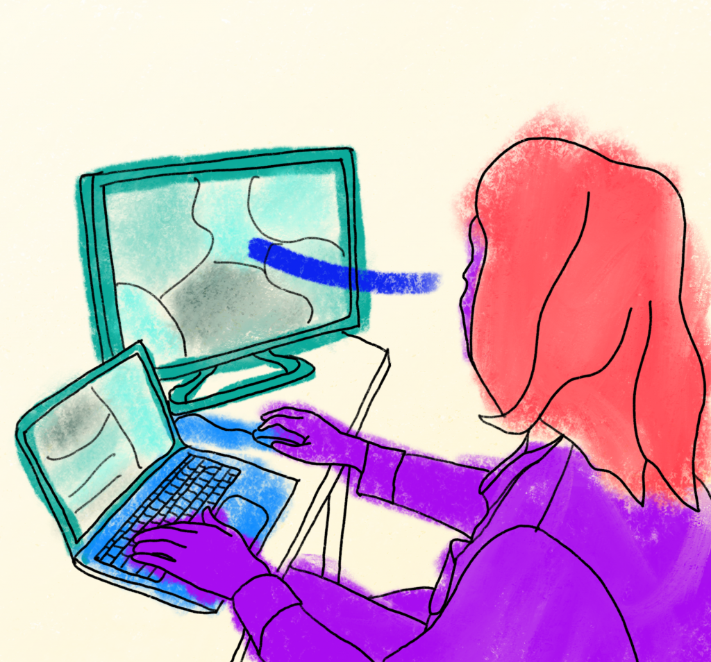 Drawing of a person sitting at a computer with technology in green tones, person in purple/red and contact points (gaze and interactive points for hands) in blue. 