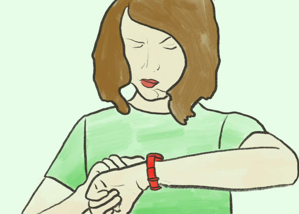 Drawing of a person annoyedly looking at their watch. 