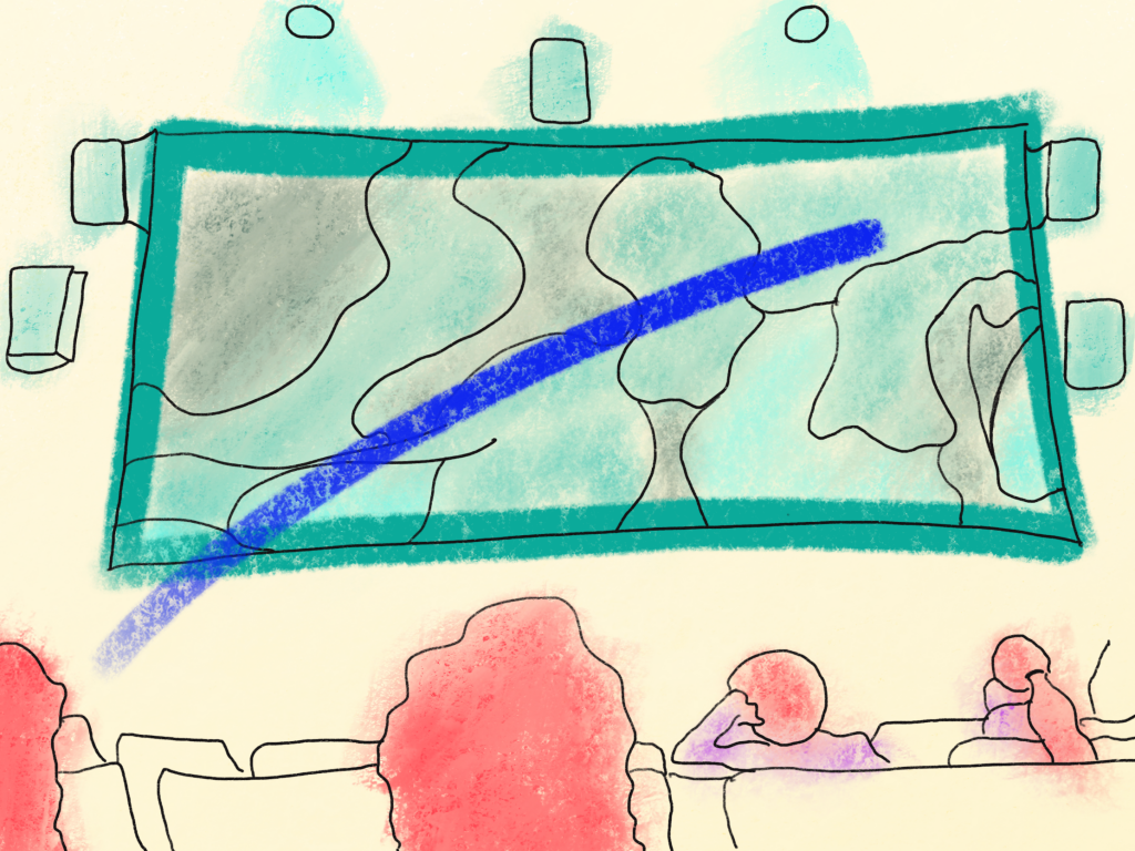 Drawing of the cinematic dispositive with a blue line indicating the distance between medium and surrogate body (i.e., viewer).